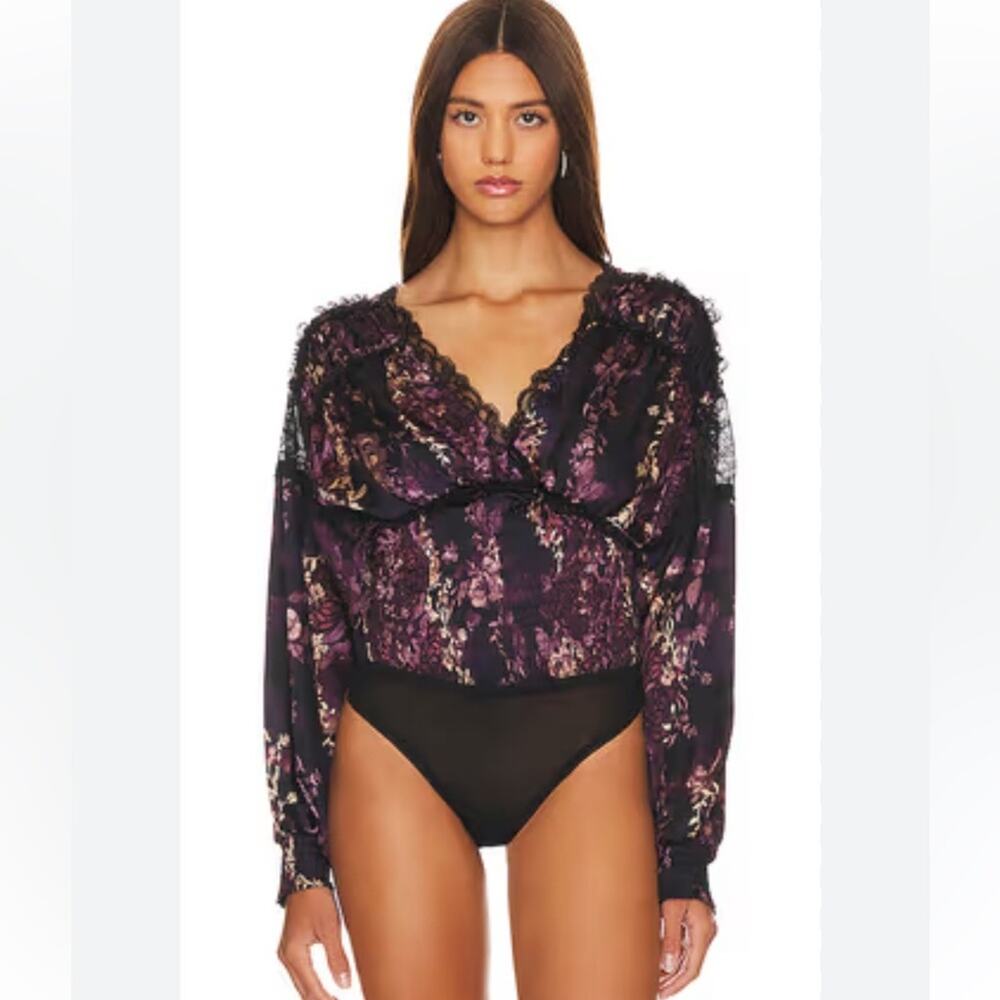 NEW Free People Bodysuit Worth The Wait Balloon Long Sleeves Smocked Lace Small